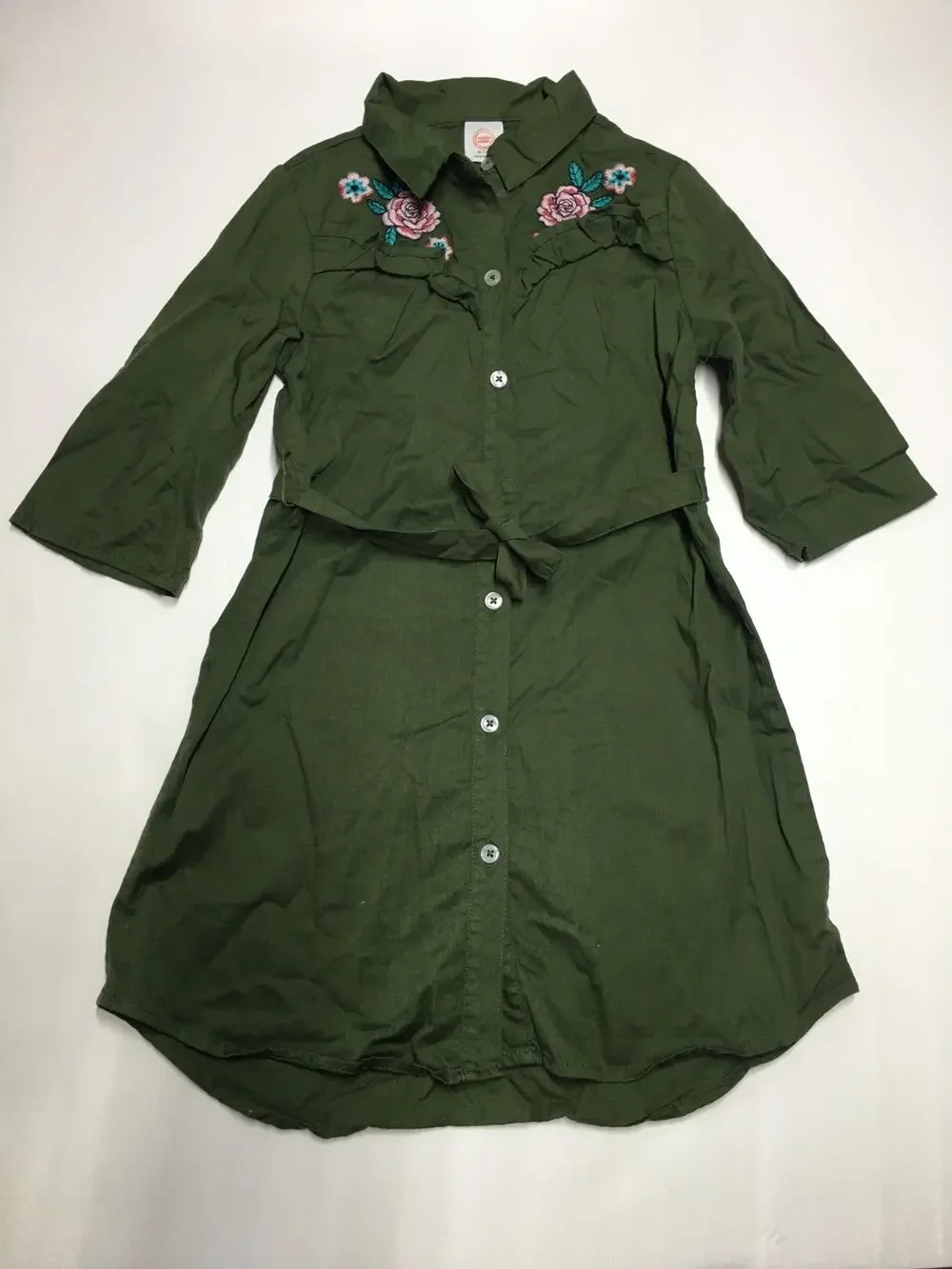 Wonder Nation Green Dress Belted Button Down Midi 3/4 Sleeves Girls M 7/8